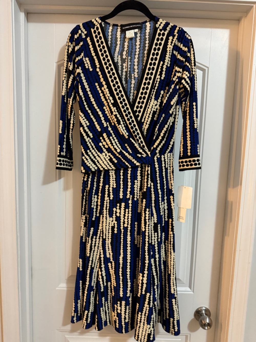 Donna Morgan Navy and Cream Printed Wrap-Style Midi Dress